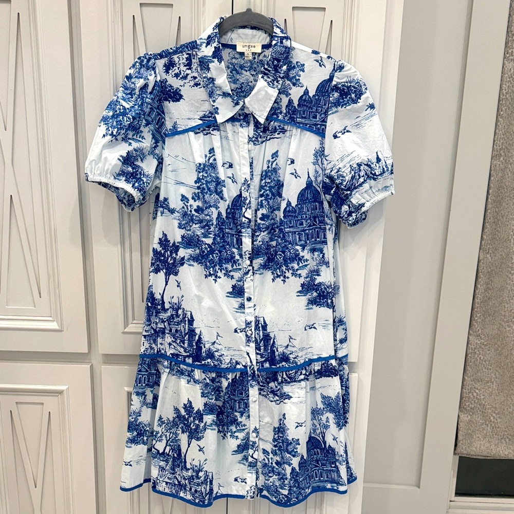 Umgee Blue and White Scenic Mini Dress
